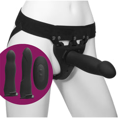 Body Extensions Be Naughty 4-Piece Set Vibrating Harness with 7&quot; Bulbed / 7.5&quot; Slim / 8&quot; Large Dong Black