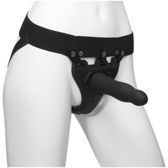 Body Extensions Be Aroused 2-Piece Set Rechargeable Vibrating Silicone Harness with 7&quot; Bulbed Dong Black