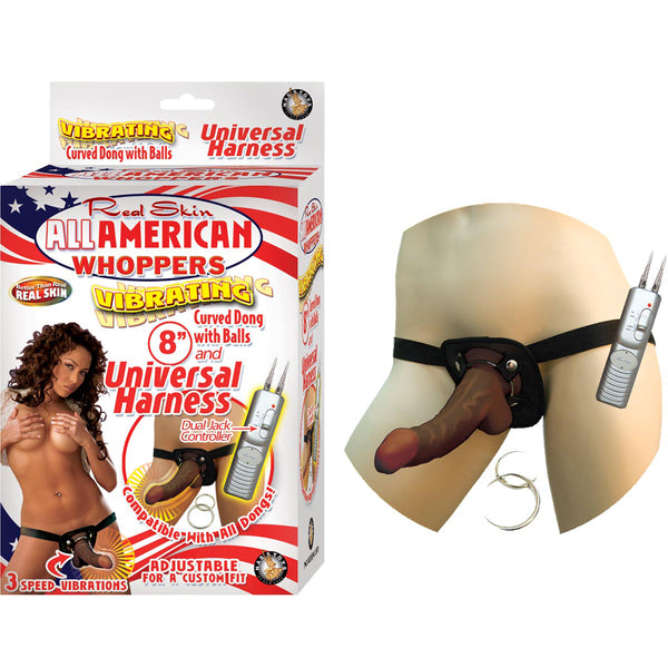 Afro American Whoppers Vibrating 8&quot; Dong With Universal Harness Brown