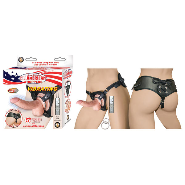 All American Whoppers Vibrating 5&quot; Curved Dong W/Balls & Universal Harness White