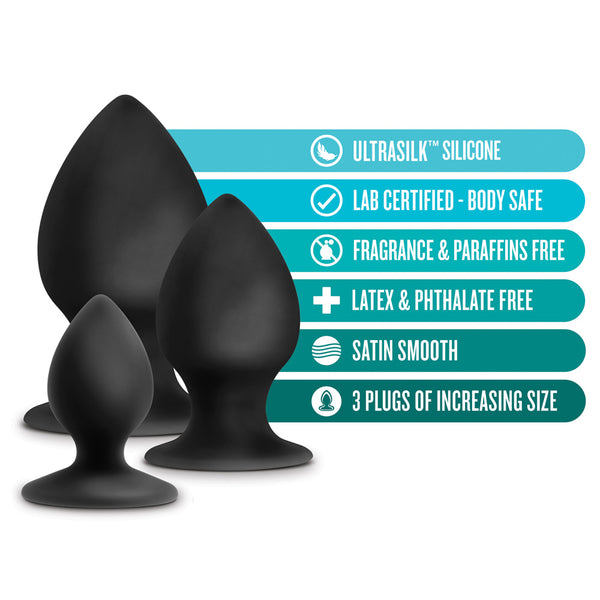 Anal Adventures Platinum Silicone Anal Stout Plug Kit Black