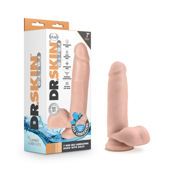 Dr. Skin Glide 7&#39;&#39; Self Lubricating Dildo With Balls Vanilla