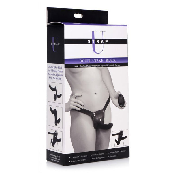 Strap U Double Take Black 10X Vibrating Double Penetration Strap-On Harness
