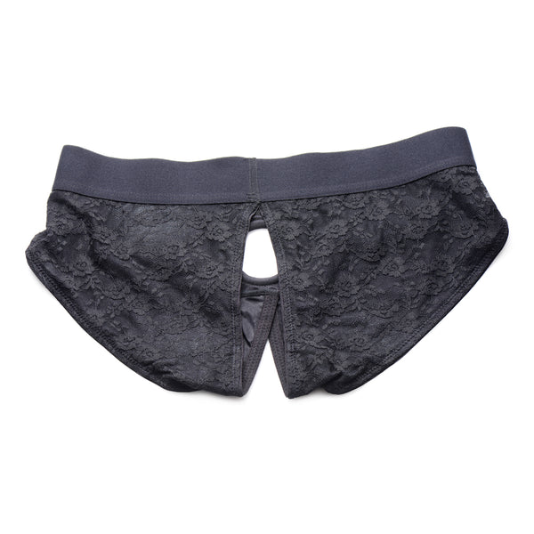 Strap U Lace Envy 2Xl Crotchless Panty Harness Black